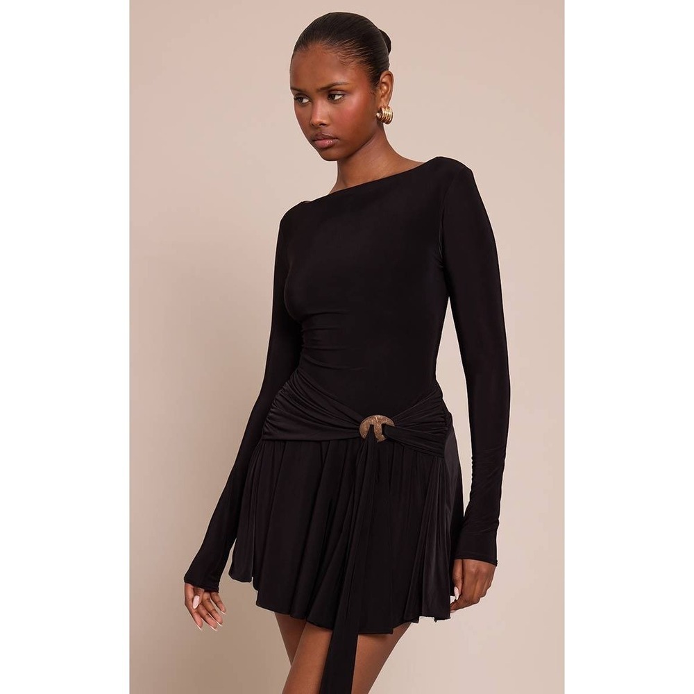 Pretty Little‎ Thing Black Long Sleeve Mini Dress Gold Buckle Detail Pleated